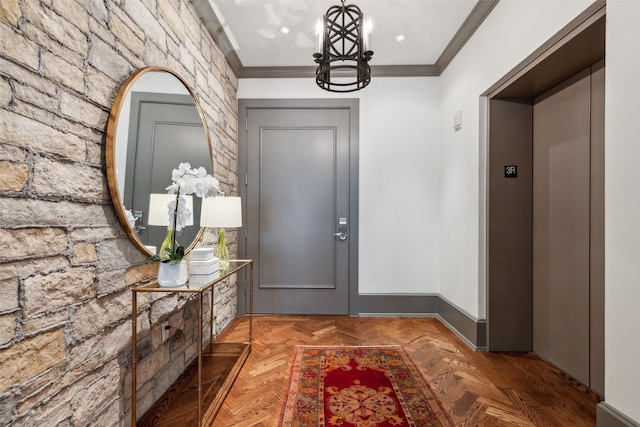 entrance foyer with recessed lighting, a notable chandelier, baseboards, ornamental molding, and elevator