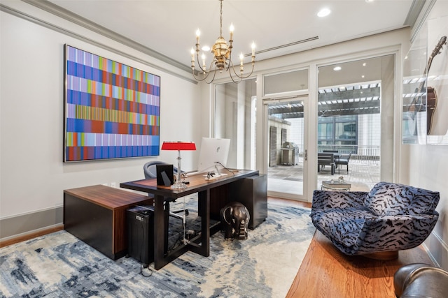 2300 Wolf St Unit 3D, Dallas, TX 75201 - home office with crown molding, a notable chandelier, and baseboards