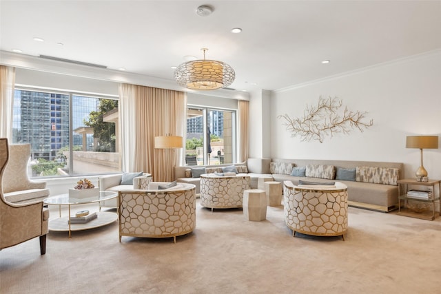 2300 Wolf St Unit 3D, Dallas, TX 75201 - sitting room featuring recessed lighting, light colored carpet, crown molding, and visible vents