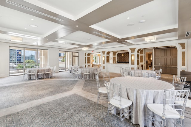 2300 Wolf St Unit 3D, Dallas, TX 75201 - dining room featuring arched walkways, coffered ceiling, visible vents, and recessed lighting