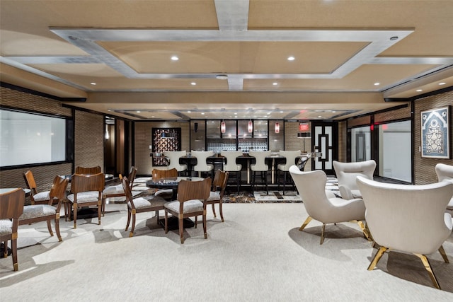 2300 Wolf St Unit 3D, Dallas, TX 75201 - carpeted dining space featuring a dry bar, coffered ceiling, and recessed lighting