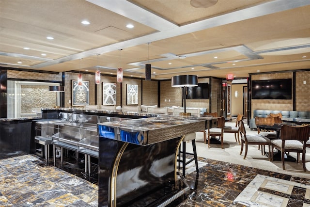 2300 Wolf St Unit 3D, Dallas, TX 75201 - bar with marble finish floor, pendant lighting, and recessed lighting