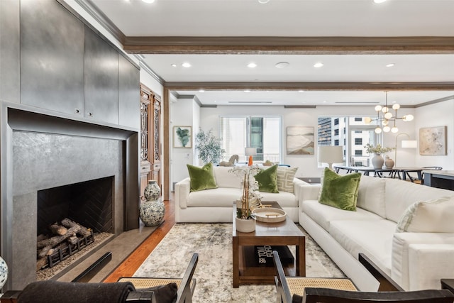 2300 Wolf St Unit 3D, Dallas, TX 75201 - living area featuring beam ceiling, crown molding, light wood finished floors, and a premium fireplace