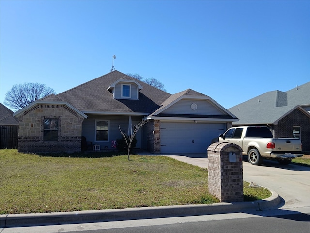 view of front of house with stone siding, an attached garage, concrete driveway, and a front yard