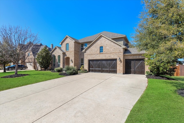 french country home with brick siding, a shingled roof, a front lawn, fence, and driveway