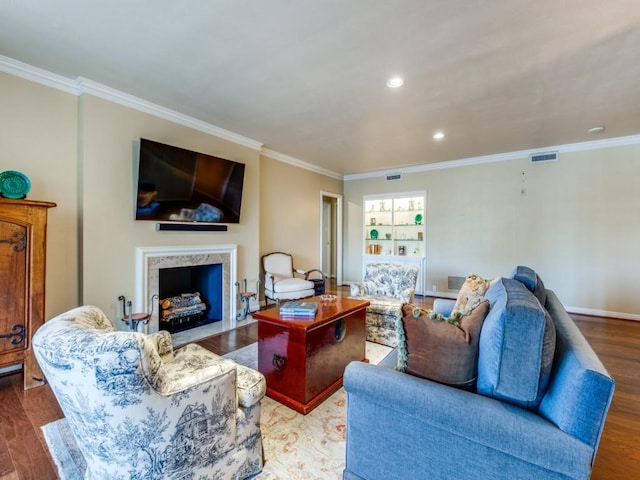 3525 Turtle Creek Blvd Unit 3D, Dallas, TX 75219 - living room with crown molding, wood finished floors, a premium fireplace, recessed lighting, and baseboards