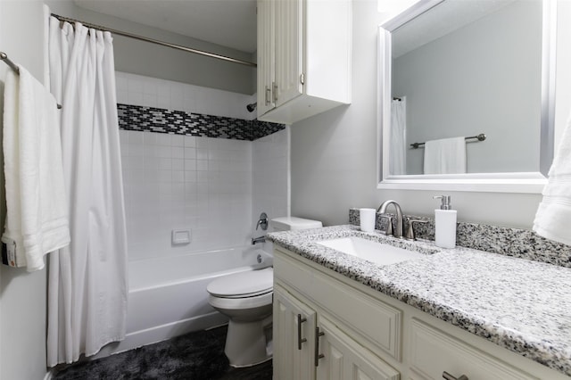 bathroom featuring toilet, shower / bathtub combination with curtain, and vanity