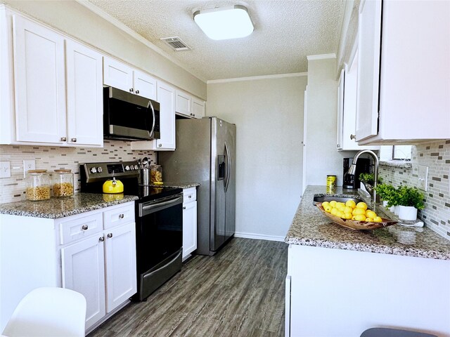 kitchen featuring crown molding, appliances with stainless steel finishes, a sink, a textured ceiling, and visible vents