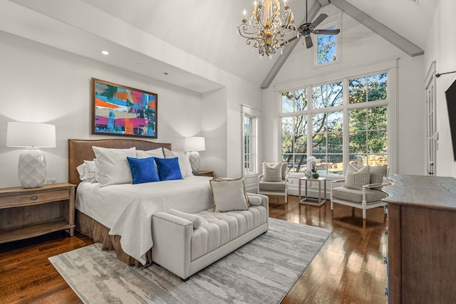 bedroom featuring hardwood / wood-style flooring, high vaulted ceiling, recessed lighting, and a chandelier