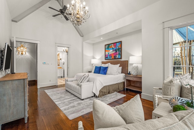 bedroom featuring high vaulted ceiling, wood finished floors, baseboards, and a chandelier