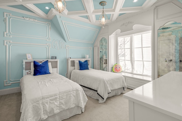 bedroom featuring beamed ceiling, coffered ceiling, and light carpet