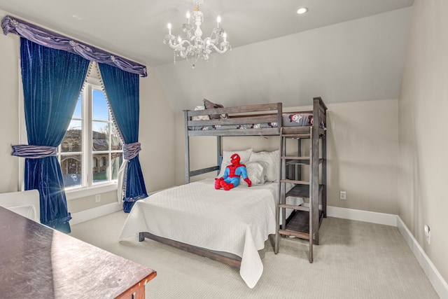 bedroom with recessed lighting, carpet, baseboards, and a chandelier