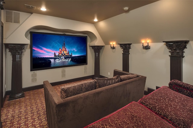 cinema featuring visible vents, recessed lighting, baseboards, and decorative columns