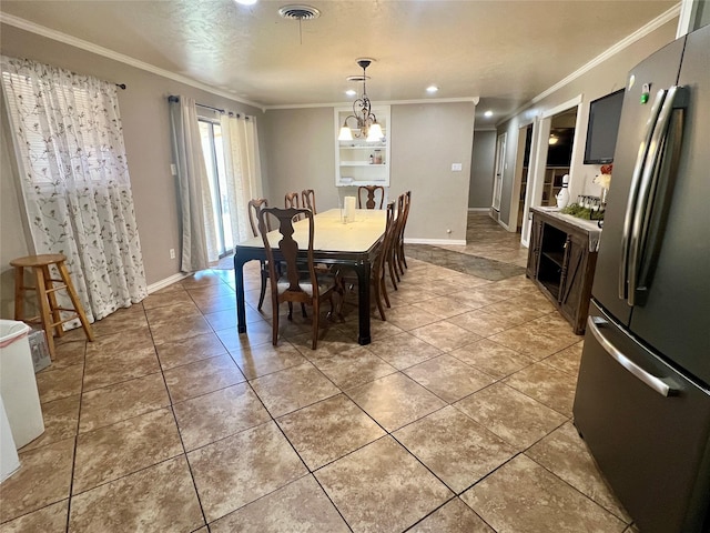 dining area with baseboards, visible vents, ornamental molding, light tile patterned flooring, and recessed lighting