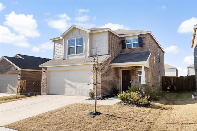 traditional-style home featuring brick siding, concrete driveway, an attached garage, board and batten siding, and fence