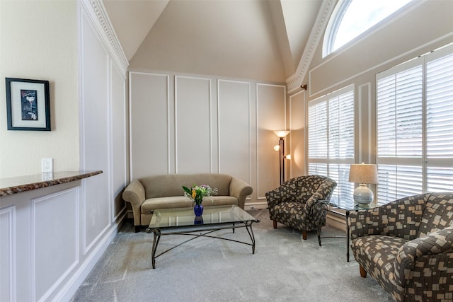 carpeted living room with high vaulted ceiling and a decorative wall