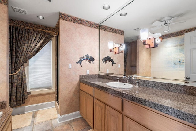 full bathroom with a stall shower, baseboards, visible vents, vanity, and recessed lighting