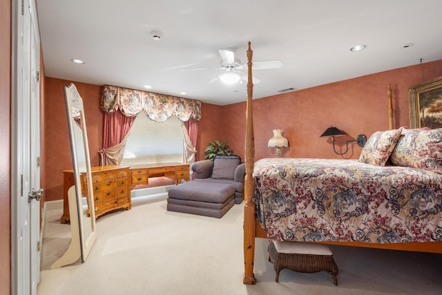 bedroom featuring carpet, visible vents, ceiling fan, and recessed lighting