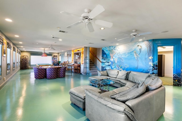 living room with recessed lighting, billiards, visible vents, finished concrete flooring, and stairway