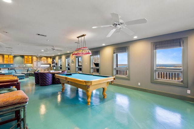 playroom with recessed lighting, visible vents, concrete flooring, billiards, and baseboards