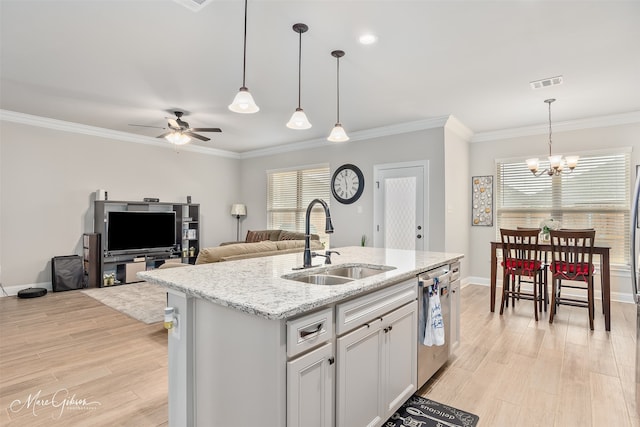 kitchen with light wood-type flooring, visible vents, a sink, and stainless steel dishwasher