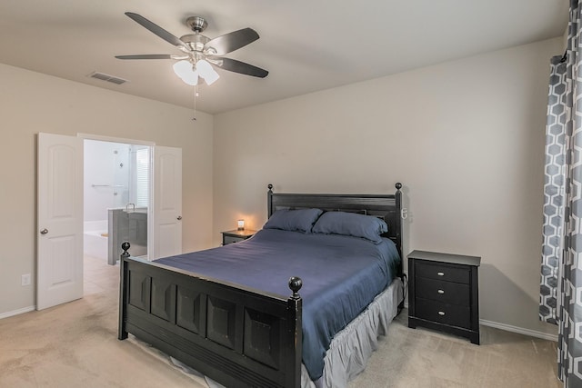 bedroom with baseboards, ceiling fan, visible vents, and light colored carpet