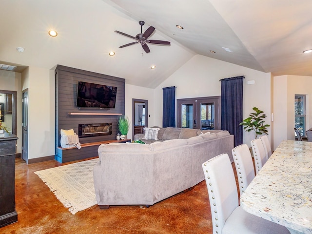 living room with baseboards, a ceiling fan, a fireplace, high vaulted ceiling, and recessed lighting