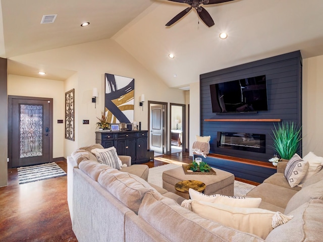 living room with a fireplace, visible vents, vaulted ceiling, and recessed lighting