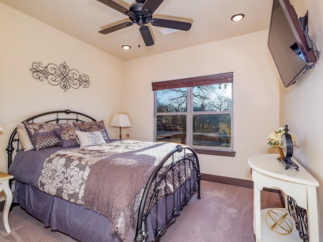 bedroom with recessed lighting, carpet, a ceiling fan, and baseboards