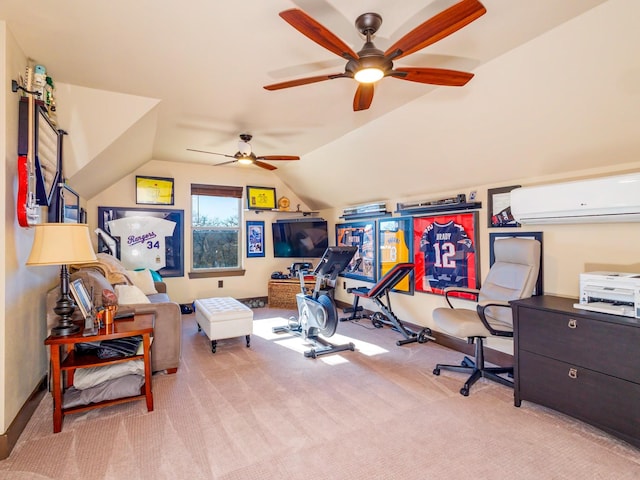 workout area featuring a wall unit AC, carpet flooring, and lofted ceiling