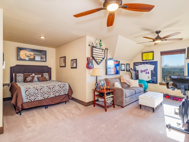 bedroom with carpet floors, recessed lighting, vaulted ceiling, ceiling fan, and baseboards