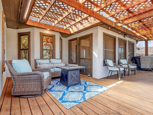 deck with a pergola and an outdoor hangout area