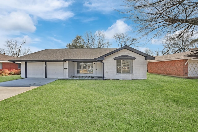 single story home featuring brick siding, roof with shingles, a front yard, a garage, and driveway