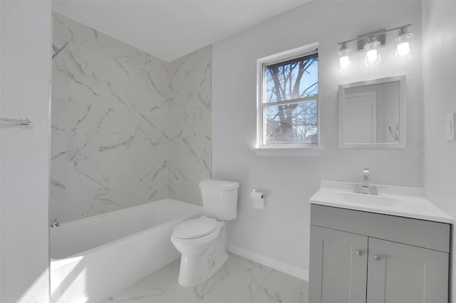 bathroom featuring baseboards, toilet, marble finish floor, tub / shower combination, and vanity