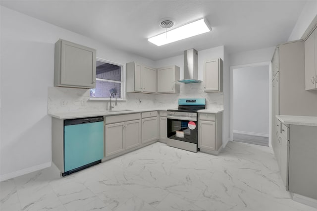 kitchen featuring electric range, decorative backsplash, dishwasher, wall chimney exhaust hood, and a sink