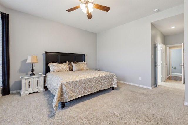 bedroom featuring carpet flooring, ceiling fan, and baseboards