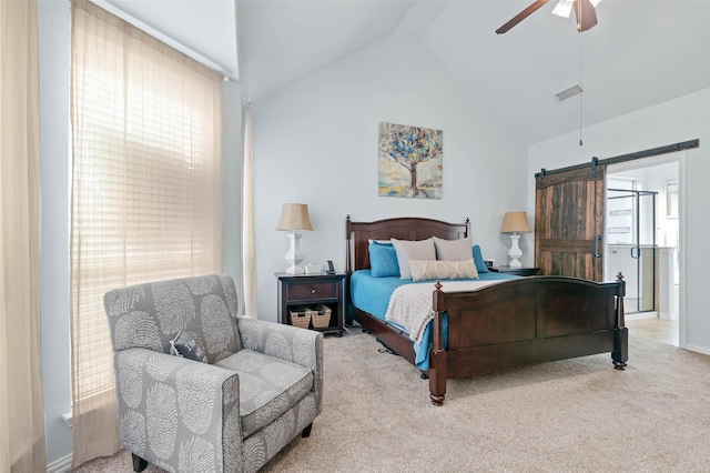 bedroom with high vaulted ceiling, a barn door, visible vents, a ceiling fan, and carpet