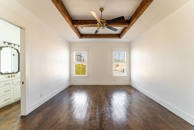 704 Glade Park Ct, Azle, TX 76020 - unfurnished bedroom with beamed ceiling, wood finished floors, ensuite bathroom, and a ceiling fan
