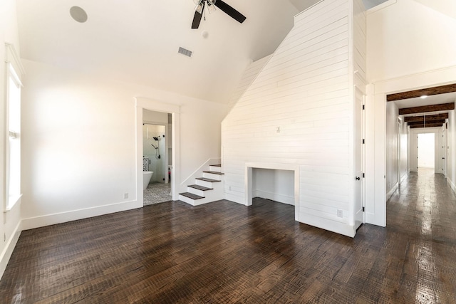 704 Glade Park Ct, Azle, TX 76020 - unfurnished living room with high vaulted ceiling, a ceiling fan, and dark wood-style floors