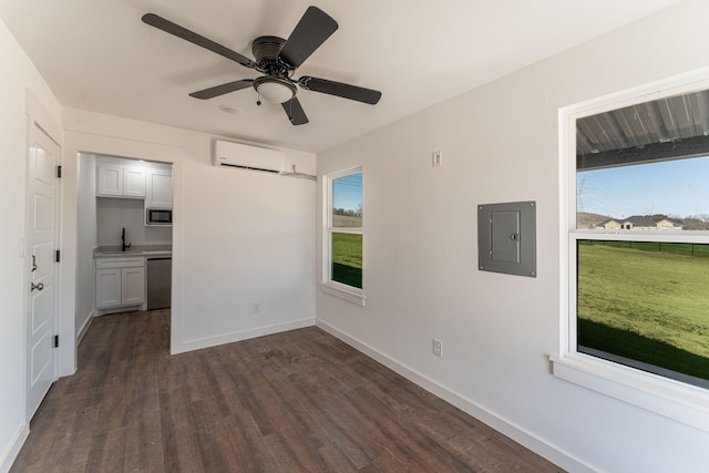 704 Glade Park Ct, Azle, TX 76020 - unfurnished bedroom with a wall unit AC, electric panel, dark wood-type flooring, and multiple windows