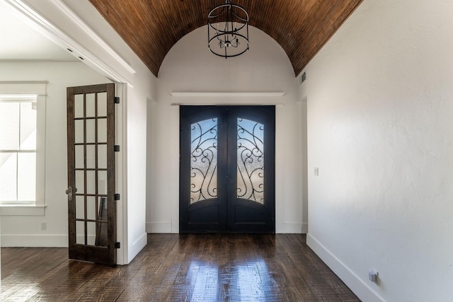 704 Glade Park Ct, Azle, TX 76020 - entryway featuring french doors, wooden ceiling, hardwood / wood-style flooring, lofted ceiling, and a chandelier