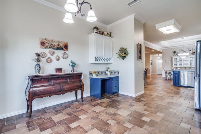 kitchen featuring visible vents, dishwasher, crown molding, white cabinetry, and a notable chandelier