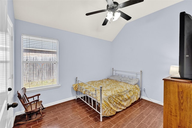214 Willow Creek Dr, Weatherford, TX 76085 - bedroom with lofted ceiling, ceiling fan, baseboards, and wood finish floors
