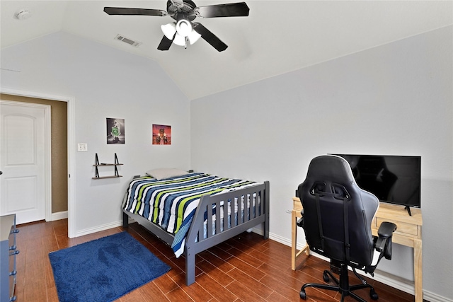 214 Willow Creek Dr, Weatherford, TX 76085 - bedroom featuring baseboards, visible vents, a ceiling fan, lofted ceiling, and wood finished floors