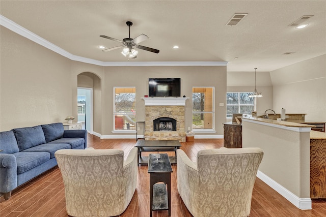 214 Willow Creek Dr, Weatherford, TX 76085 - living room featuring baseboards, visible vents, wood finished floors, and a stone fireplace