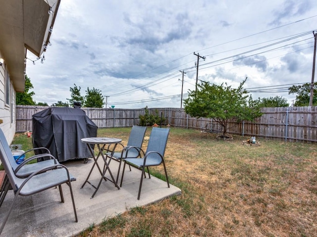 view of yard with a fenced backyard and a patio area