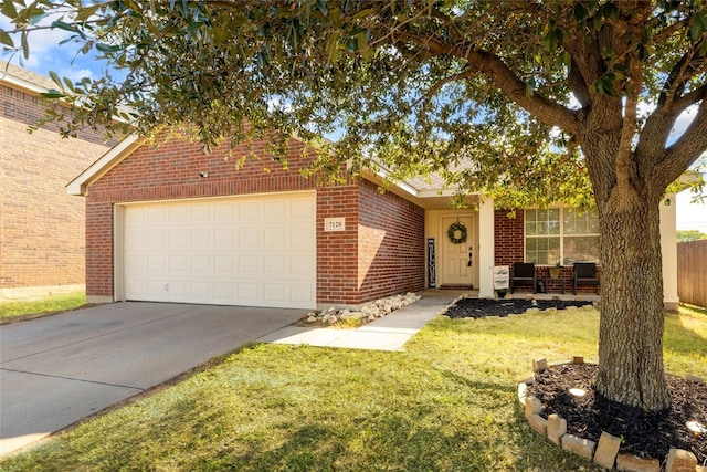 view of front facade featuring concrete driveway, brick siding, a front yard, and a garage