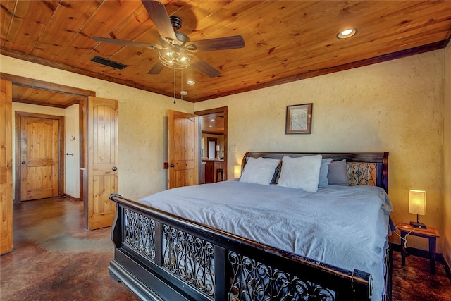 bedroom with finished concrete flooring, a textured wall, visible vents, and wood ceiling