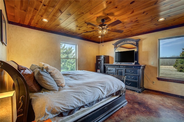 bedroom with a textured wall, wooden ceiling, and baseboards