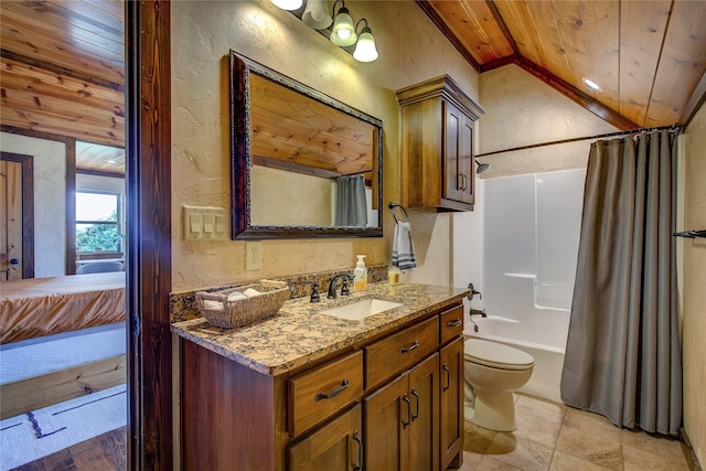 full bath with wood ceiling, vaulted ceiling, a textured wall, and vanity